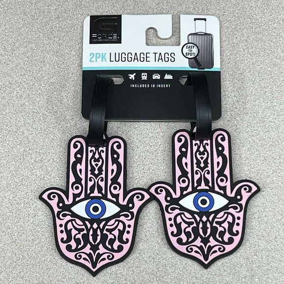 BOHO Hamsa Hand Evil Eye Set of 2 Luggage Tags Pink ID Inserts - Picture 1 of 11